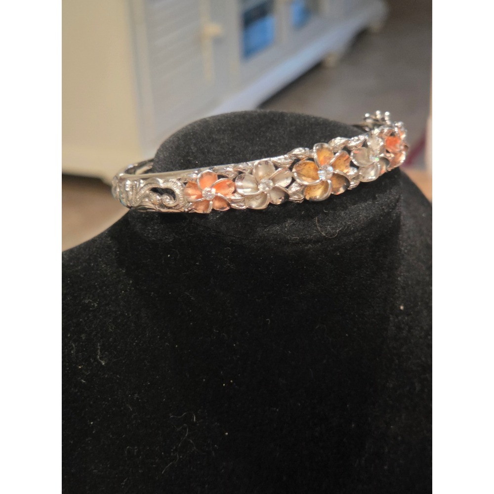 Hawaiian Plumeria Flower Tri-Color Bangle Bracelet Silver Rose Gold Tone Floral - Picture 2 of 9